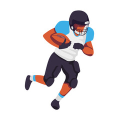 A running football player clutches a ball, showcasing agility and speed while wearing a helmet and protective gear on the field. Vector illustration