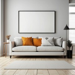 Minimalist Living Room with White Sofa and Blank Frame