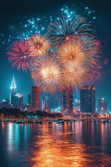 City Fireworks,  A vibrant fireworks display lights up the night sky over a bustling city skyline, creating a stunning visual spectacle for onlookers
