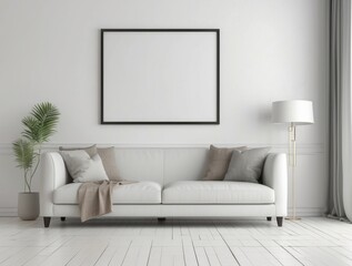White Sofa, Floor Lamp, and Framed Artwork in a Minimalist Living Room