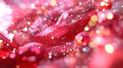 A vibrant and dynamic red abstract background with glitter, sparkles, and soft bokeh lights, perfect for festive or celebratory designs.