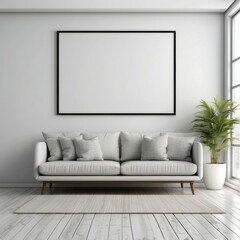 Minimalist Living Room with White Sofa, Black Frame, and Plant