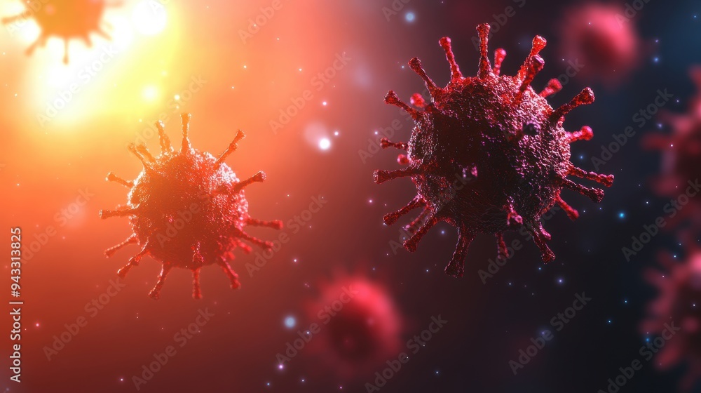 Poster detailed 3d render of virus particles floating in a glowing, abstract space, representing viral infe