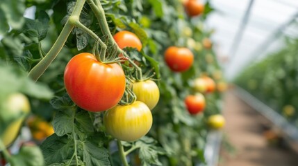 Close-up of ripe and unripe tomatoes growing on a vine inside a greenhouse, showcasing healthy and organic farming practices.