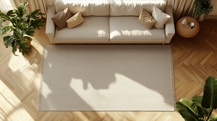 modern living room, a solid fabric rug in front of the sofa