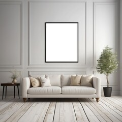 White Sofa and Framed Blank Canvas in a Minimalist Interior