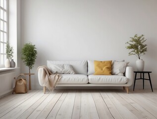 Fototapeta premium Minimalist Living Room with White Sofa and Yellow Pillow