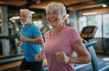 an elderly woman and man smiling while running on the treadmill in a fitness center, wearing a pink T-shirt and a blue sleeveless shirt with white hair.