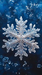 A beautifully detailed snowflake resting on ice, showcasing intricate patterns against a cool blue backdrop.