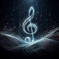 musical notes in the air, musical note with waves of light and sound, on black background 
