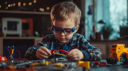 A child pretending to test security, using toy tools to attempt a controlled breach