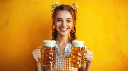 Close-up photo of a woman in dirndl, traditional festival dress, holding two mugs of beer in her hands. Oktoberfest, St. Patrick’s day, international beer day concept.