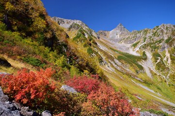 紅葉の氷河公園から望む槍ヶ岳