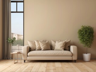 Beige Sofa and Plant in Minimalist Living Room with Large Window