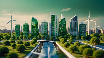 Fototapeta premium Miniature cityscape made of green paper, representing sustainability and eco-friendly living