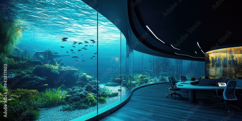 Poster office with underwater view through windows.