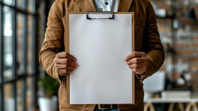 office man holding a clipboard with a blank sheet of paper, focus on the clipboard