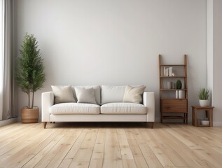 Minimalist Living Room with White Sofa and Wooden Accents