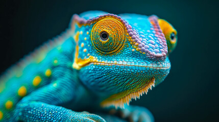 Fototapeta premium A vibrant blue and orange chameleon perched on a leaf, showing off intricate patterns and vivid colors