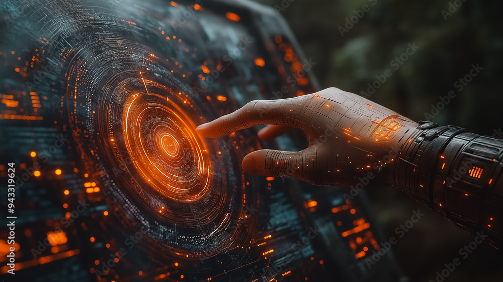 Aufkleber a hand is pointing at a glowing circle on a computer screen. the circle is surrounded by a bright or