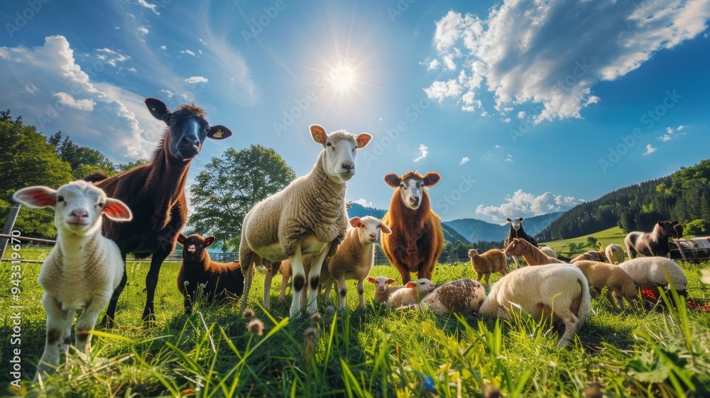 Poster A group of sheep are standing in a field with the sun shining on them