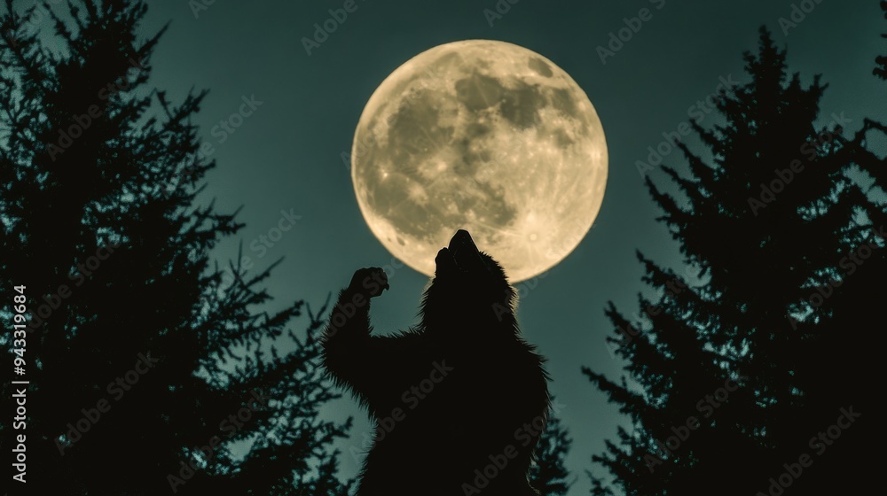 Wall mural 10. a person in a werewolf costume howling at the full moon, with trees silhouetted in the backgroun