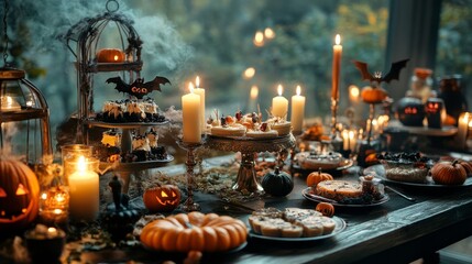 9. A table set for a Halloween party with themed treats, candles, and spooky decorations