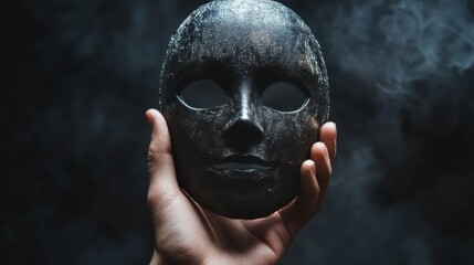 17. A close-up of a hand holding a Halloween mask, with a dark, shadowy background