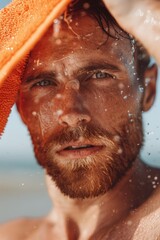 Exhausted runner wipes sweat away after intense workout on a sunny beach