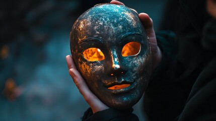 17. A close-up of a hand holding a Halloween mask, with a dark, shadowy background