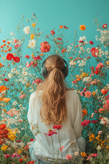 Naklejka premium Woman with Headphones, A woman is enjoying music through her headphones, surrounded by vibrant flowers against a turquoise background, creating a cheerful atmosphere