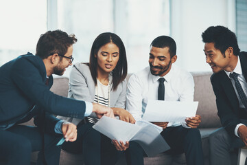 Office, lawyers and business people with documents for discussion, legal advice and compliance in...