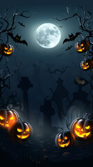 Spooky Halloween Graveyard with Pumpkins and Bats