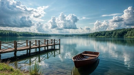 Fototapeta premium Serene Lakeside Scene with a Wooden Dock and Rowboat