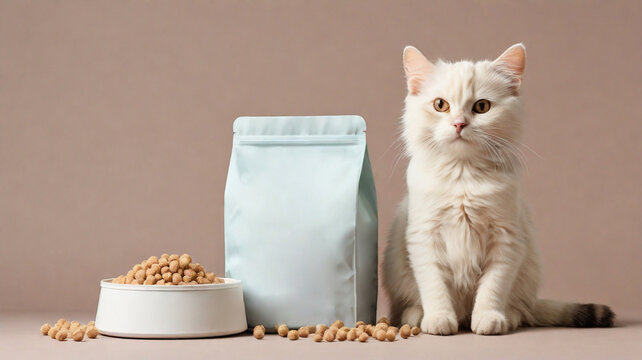 Cat sitting next to food package