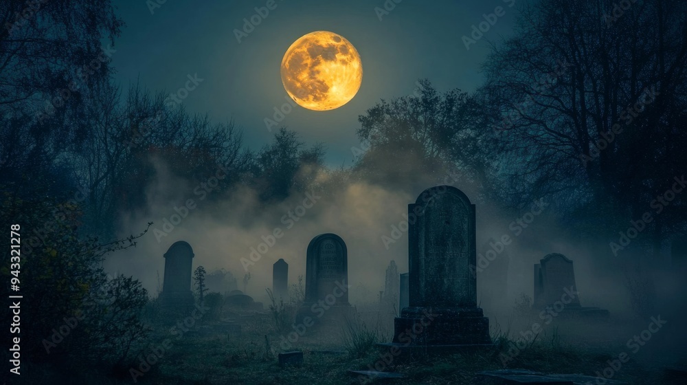 Wall mural 29. a full moon illuminating a graveyard, with fog swirling around the tombstones