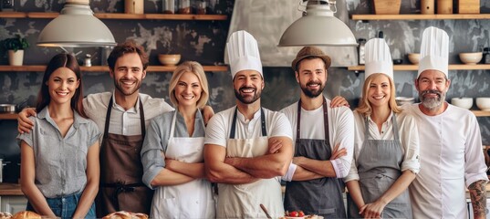 Team of Seven Confident Bakers in Uniforms Posing with Arms Crossed Smiling at Camera