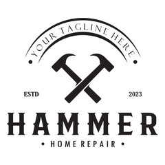 retro vintage crossed hammer and nail logo for home repair services, carpentry, badges, builders, woodworking, construction, vector