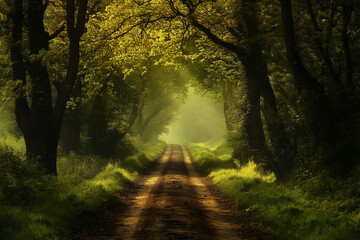 Obraz premium Sunlit forest path surrounded by lush green trees with a mystical atmosphere 