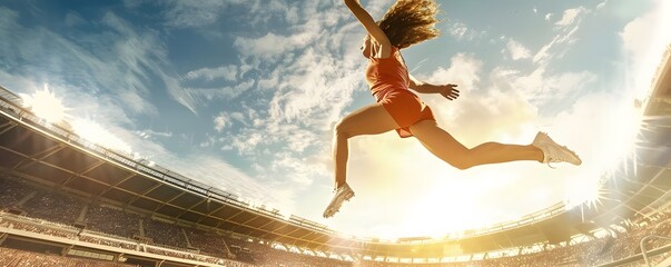 Female Long Jumper in Mid-Air Soaring Over Stadium Crowd
