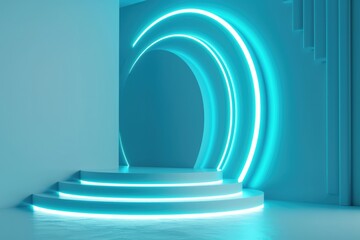 Fototapeta premium Happy Birthday Celebration: Neon Blue Podium on Minimalist Blue Background
