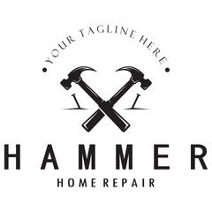 retro vintage crossed hammer and nail logo for home repair services, carpentry, badges, builders, woodworking, construction, vector