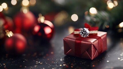 A diamond ring placed on a red gift box with Christmas ornaments and a festive background.