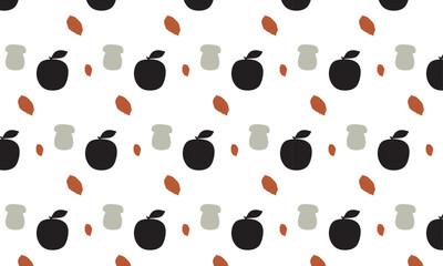 Seamless pattern with black apples, brown leaves, gray mushrooms in silhouette style on white background for wallpapers, packaging, fabrics, wrapping, webs