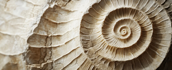 Obraz premium Close-up of an intricate petrified nautilus shell, with detailed spiral patterns and textures. Archaeology and golden ratio concept