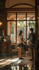 A man and a woman hold hands in a hotel lobby with elegant decor, creating a warm and intimate atmosphere. The man wears yellow, the woman in white and black, showcasing classy interior design.