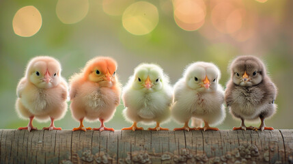 Naklejka premium The five chicks are lined up. They are small and fuzzy.