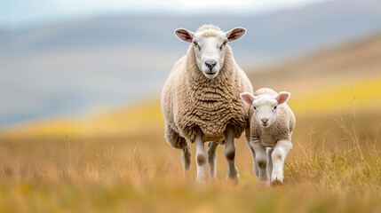 A sheep is walking on a prairie with two lambs next to her, white-haired and clean-eyed, with a blurry background,