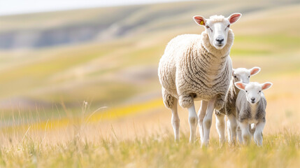 A sheep is walking on a prairie with two lambs next to her, white-haired and clean-eyed, with a blurry background,