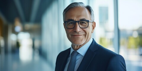 Fototapeta premium Confident CEO Portrait: Successful Business Executive Smiling in Modern Office Building. Professional Leadership Image for Corporate Marketing, Advertising, and Branding with Elegant Minimalist Design